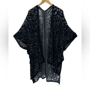 Black Burnout Velvet Kimono Caftan Sheer Rose Devore Wrap Boho Goth Evening